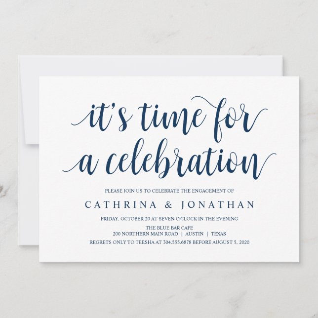 Modern Rustic, Navy Blue script, Engagement Party Invitation (Front)