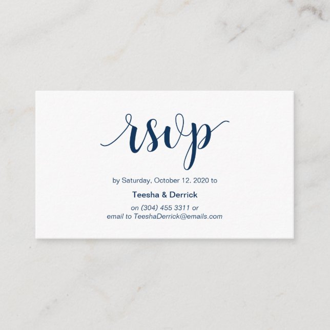 Modern Rustic, Navy Blue Script, online RSVP Enclosure Card (Front)