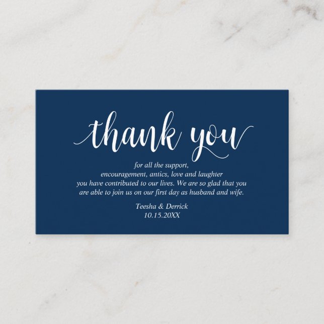 Modern Rustic Navy Blue Script, Wedding Thank you Enclosure Card (Front)