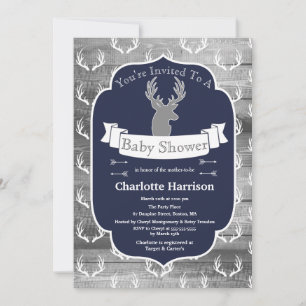 Modern Rustic Navy Deer & Grey Wood Baby Shower Invitation