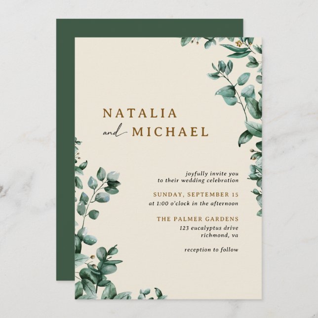 Modern Rustic Neutral Beige + Green Simple Wedding Invitation (Front/Back)