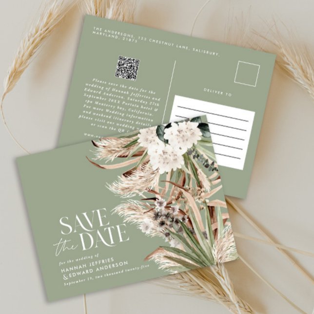 Modern rustic pampas eucalyptus botanical QR code  Announcement Postcard (Creator Uploaded)