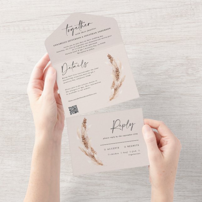 modern rustic pampas eucalyptus wedding QR code Al All In One Invitation (Tearaway)