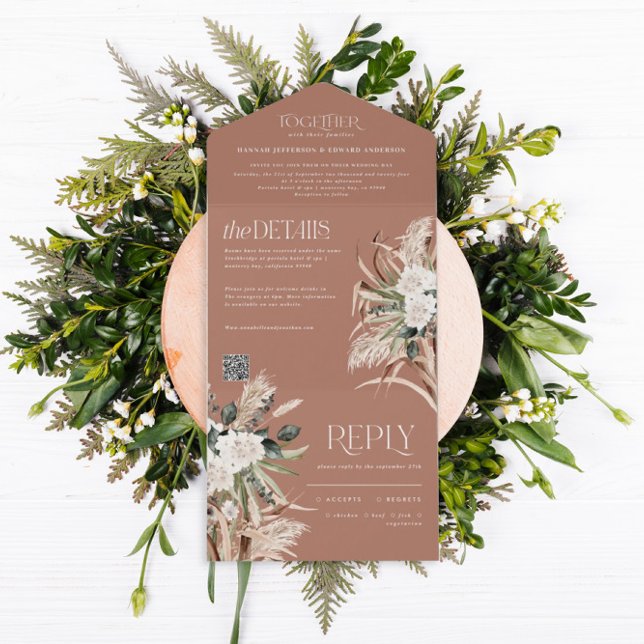modern rustic pampas eucalyptus wedding QR code All In One Invitation (Creator Uploaded)