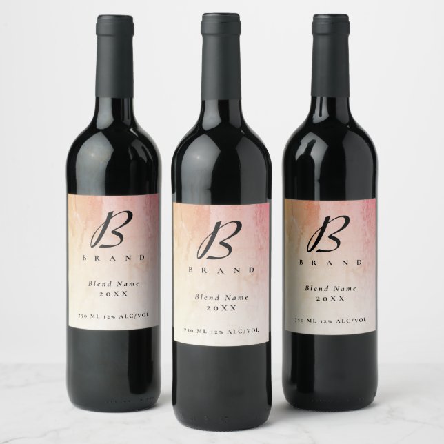 Modern Rustic Peach Bold Monogram Company Wine Label (Bottles)