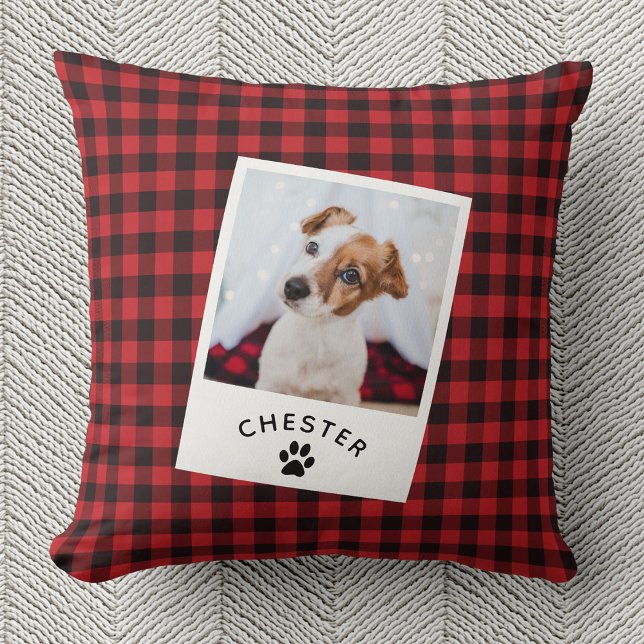 Modern Rustic Pet Photo Red Plaid Dog Mum Cat Cushion (Creator Uploaded)