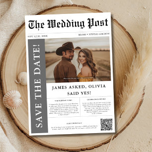 Modern Rustic Photo Wedding Newspaper QR Code Save The Date