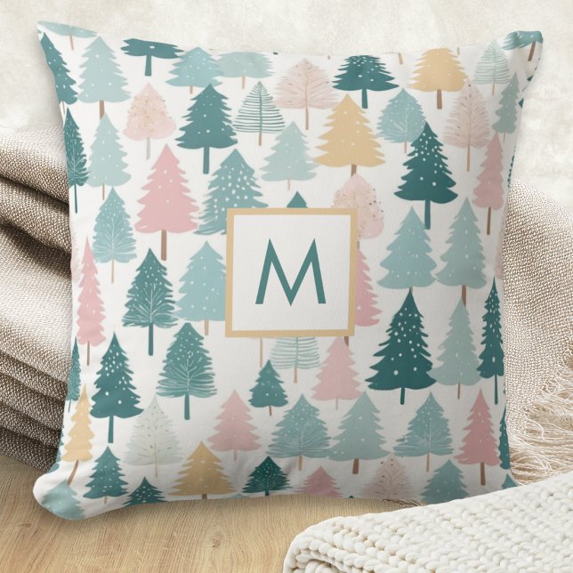 Modern Rustic Pine Forest Christmas Trees Monogram Cushion (A monogrammed throw pillow with Christmas pine trees pattern in pastel colors)
