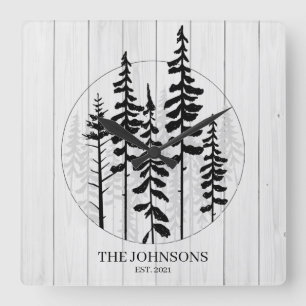 Modern Rustic Pine Tree Farmhouse Square Wall Clock