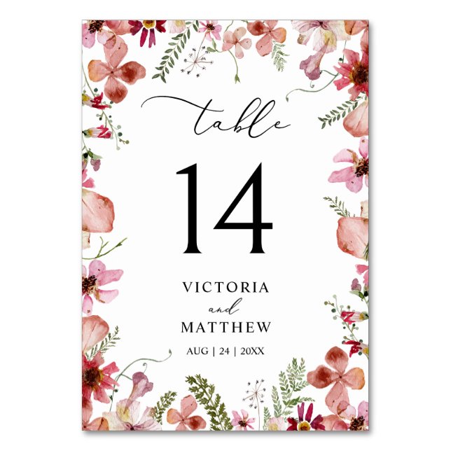 Modern Rustic Pink Peach Floral Table Number Card (Front)