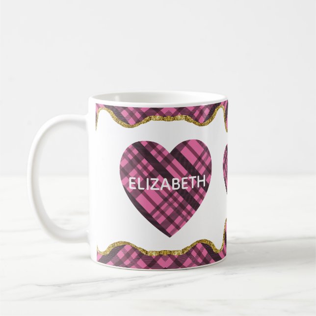 Modern Rustic Pink Plaid Love Heart Wife Name  Coffee Mug (Left)