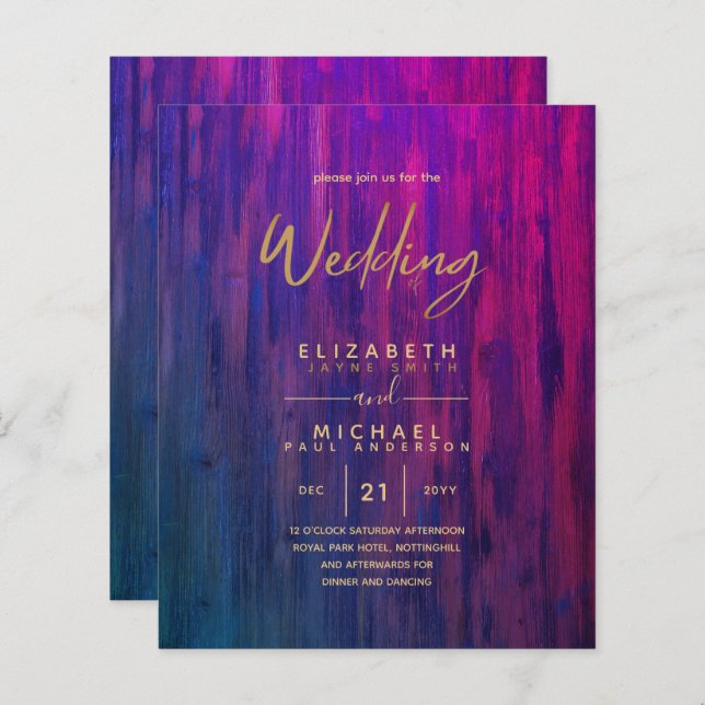 Modern Rustic Purple Gold Budget Wedding Invites (Front/Back)