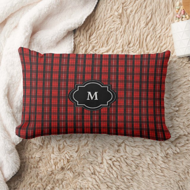 Modern rustic red black buffalo plaid Monogram Lumbar Cushion (Blanket)