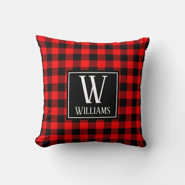 Modern Rustic Red Buffalo Plaid Chequered Monogram Cushion (Front)