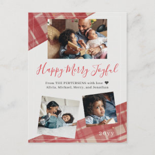 Modern rustic red buffalo plaid family photos holiday postcard