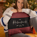 Modern Rustic Red Buffalo Plaid Family Script Cushion<br><div class="desc">Custom family throw pillow with your family name in script calligraphy in this modern rustic red buffalo plaid design.</div>