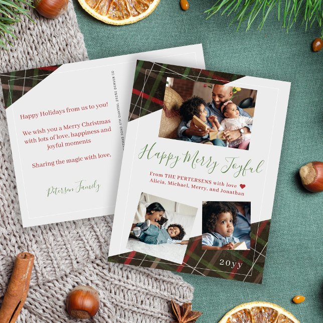 Modern rustic red green plaid 3 family photos holiday postcard (Creator Uploaded)