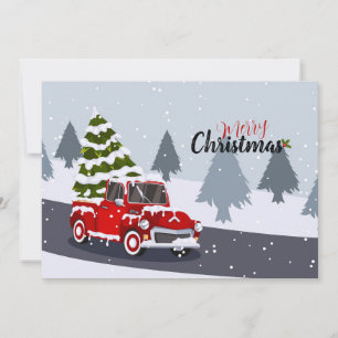 Modern Rustic Red Pickup Truck with Christmas Tree Holiday Card