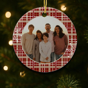 Modern Rustic Red  Tan Plaid Snowflake Photo Ceramic Ornament