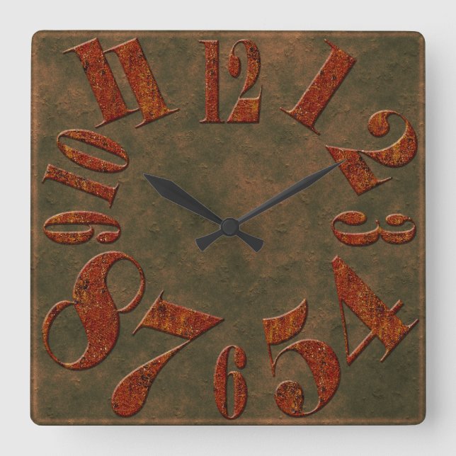Modern Rustic Rusty Metal Large Numbers Square Wall Clock (Front)