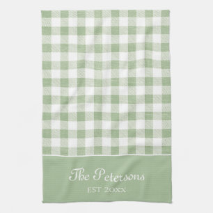 Modern Rustic Sage White Gingham Family Name Tea Towel