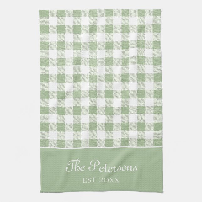 Modern Rustic Sage White Gingham Family Name Tea Towel (Vertical)