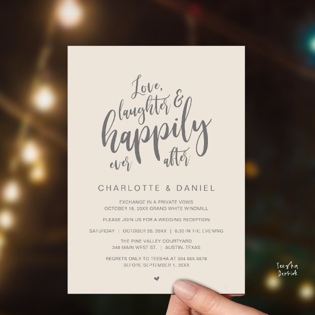 Modern Rustic Script Happily Ever After Wedding Invitation (Modern Rustic Script Love Laughter and Happily Ever After Wedding Invitation Card in Cream Grey)
