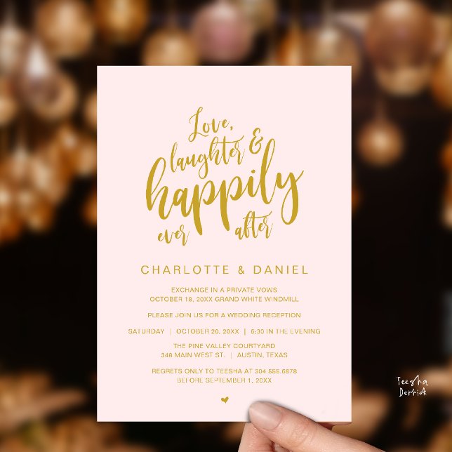 Modern Rustic Script Happily Ever After Wedding Invitation (Modern Rustic Script Love Laughter and Happily Ever After Wedding Invitation Card in Gold Blush)