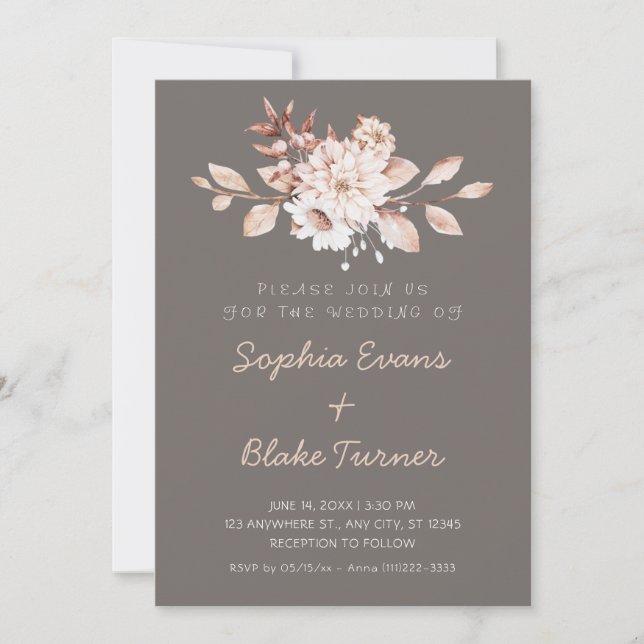 Modern Rustic Soft Floral Dark Silver Wedding Invitation (Front)