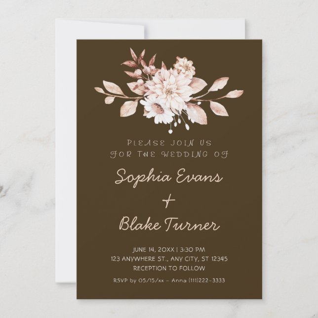Modern Rustic Soft Floral Mocha Brown Wedding Invitation (Front)