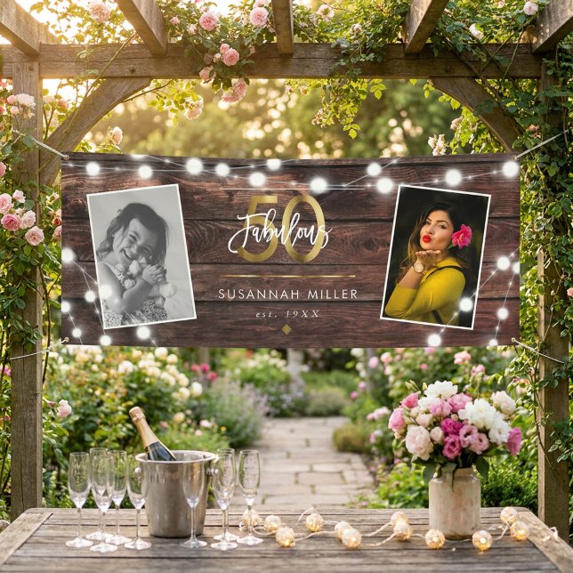 Modern Rustic String Lights Gold Fab 50th Birthday Banner (Creator Uploaded)