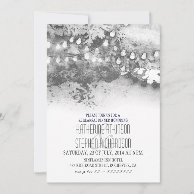 modern rustic string lights rehearsal dinner invitation (Front)