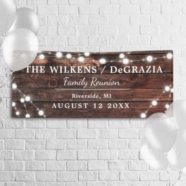 Modern Rustic String Lights Wood Family Reunion Banner (Creator Uploaded)