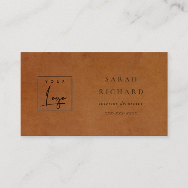 Modern Rustic Tan Leather Texture Custom Logo Business Card (Front)