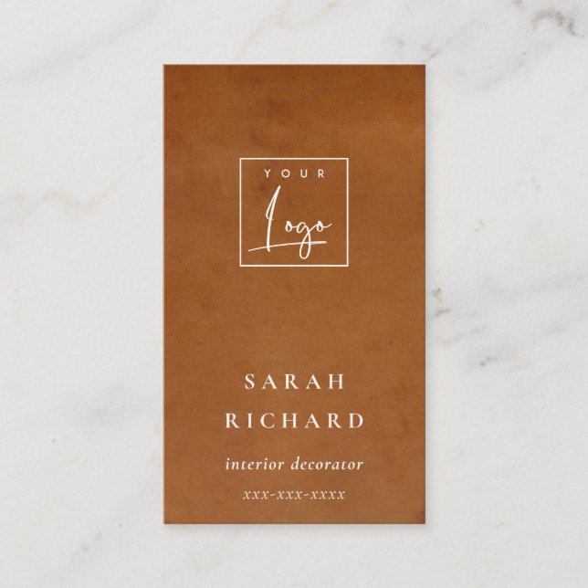 Modern Rustic Tan Leather Texture Custom Logo Business Card (Front)