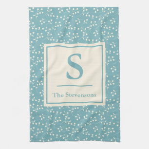 Modern Rustic Teal Blue Floral Family Monogram Tea Towel
