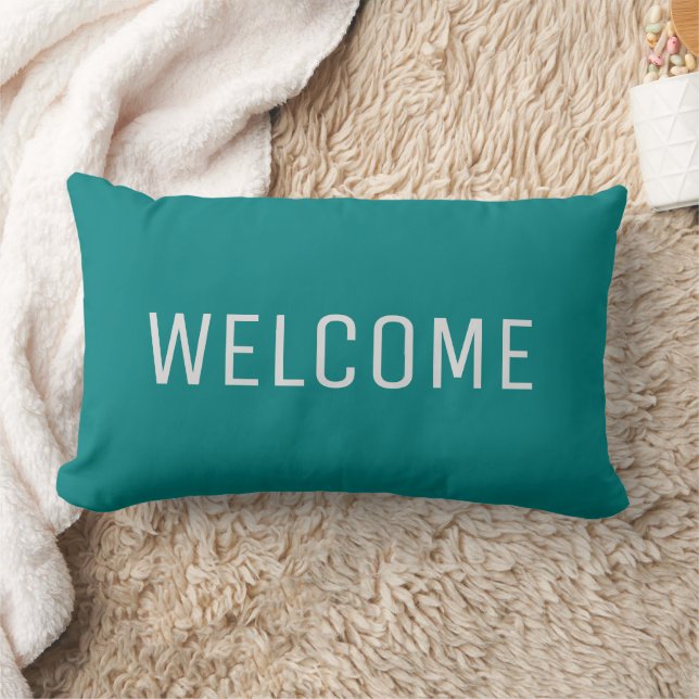 Modern rustic teal blue Welcome Lumbar Cushion (Blanket)