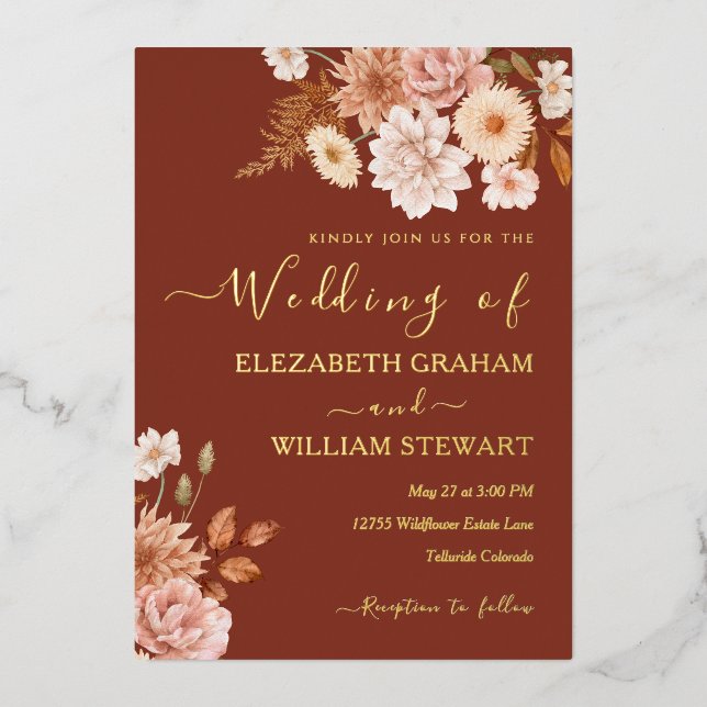 Modern Rustic Terracotta Boho Fall Foliage Wedding (Front)