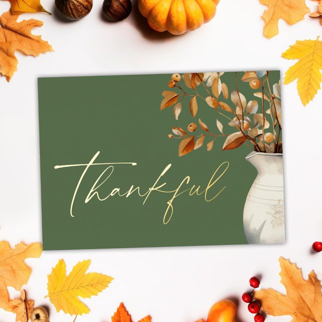 Modern Rustic Thanksgiving Olive Green Thankful Foil Holiday Card (Modern Rustic Thanksgiving Olive Green Thankful Foil Holiday Card)