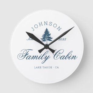 Modern Rustic Trees Family Cabin Crew Preppy Blue  Round Clock
