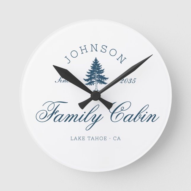 Modern Rustic Trees Family Cabin Crew Preppy Blue  Round Clock (Front)