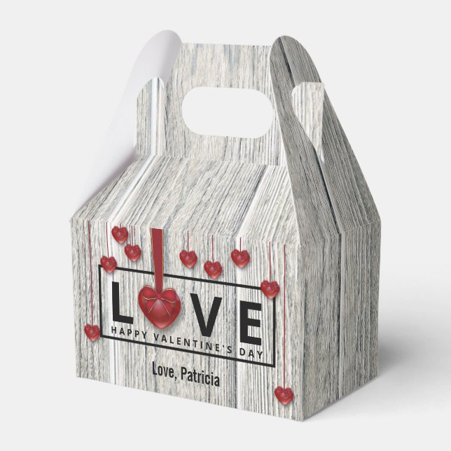 Modern Rustic Valentine's Day Wood LOVE Red Hearts Favour Box (Front Side)