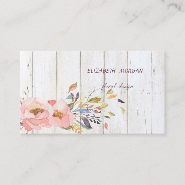 Modern Rustic Watercolor Floral Wood Texture Business Card (Front)