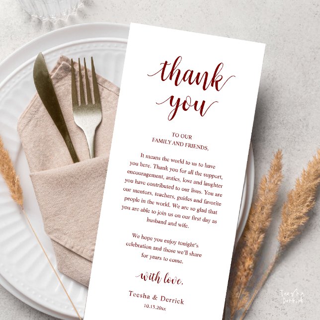 Modern Rustic Wedding Dinner Thank You Card (Modern Rustic Wedding Dinner Thank You Card Reception Lunch Brunch Reception in Burgundy Wine Red)