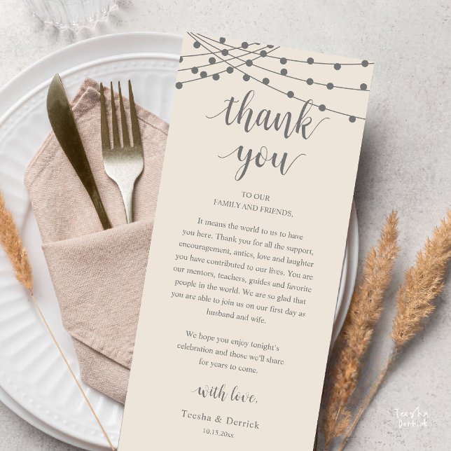 Modern Rustic Wedding Dinner Thank You Card (Modern Rustic Wedding Dinner Thank You Card Reception Reception String Lights Cream Grey)