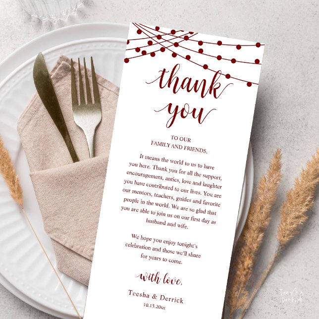 Modern Rustic Wedding Dinner Thank You Card (Modern Rustic Wedding Dinner Thank You Card Reception Reception String Lights Burgundy Wine Red)
