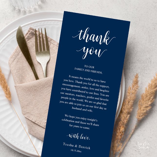 Modern Rustic Wedding Dinner Thank You Card (Modern Rustic Wedding Dinner Thank You Card Reception Lunch Brunch Reception in Navy Blue)