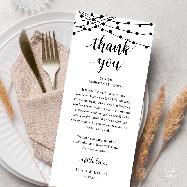 Modern Rustic Wedding Dinner Thank You Card (Modern Rustic Wedding Dinner Thank You Card, Reception string lights, Black and White)