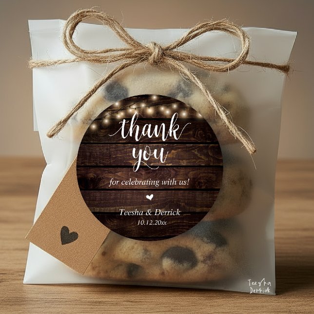 Modern Rustic Wedding Dinner Thank You Gifts  Classic Round Sticker (Modern Rustic Wedding Dinner Thank You Gifts Classic Round Sticker cute heart Wood String Lights)