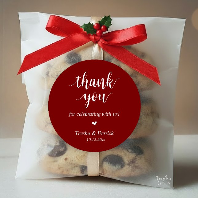 Modern Rustic Wedding Dinner Thank You Gifts  Classic Round Sticker (Modern Rustic Wedding Dinner Thank You Gifts Classic Round Sticker cute heart Burgundy Deep Red Wine)